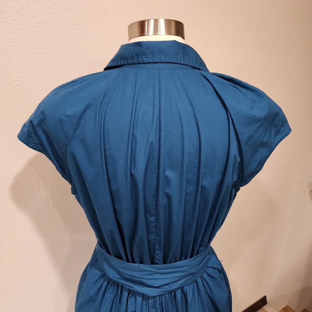 eShakti Cotton Poplin Blouson Midi Dress Dark Teal Classic Flare size Large 12 - Picture 9 of 11